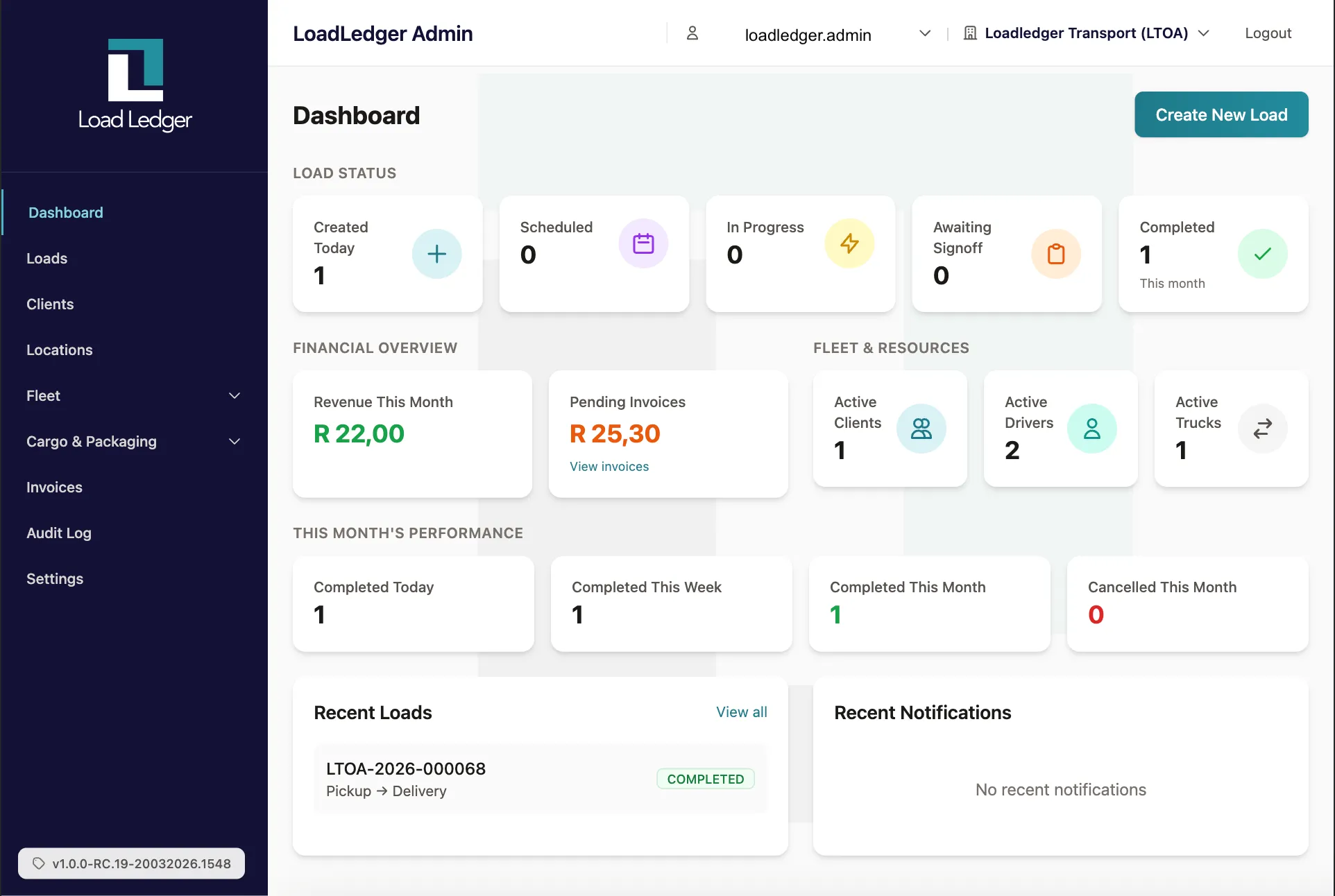 LoadLedger dashboard showing load management, fleet overview, and freight tracking